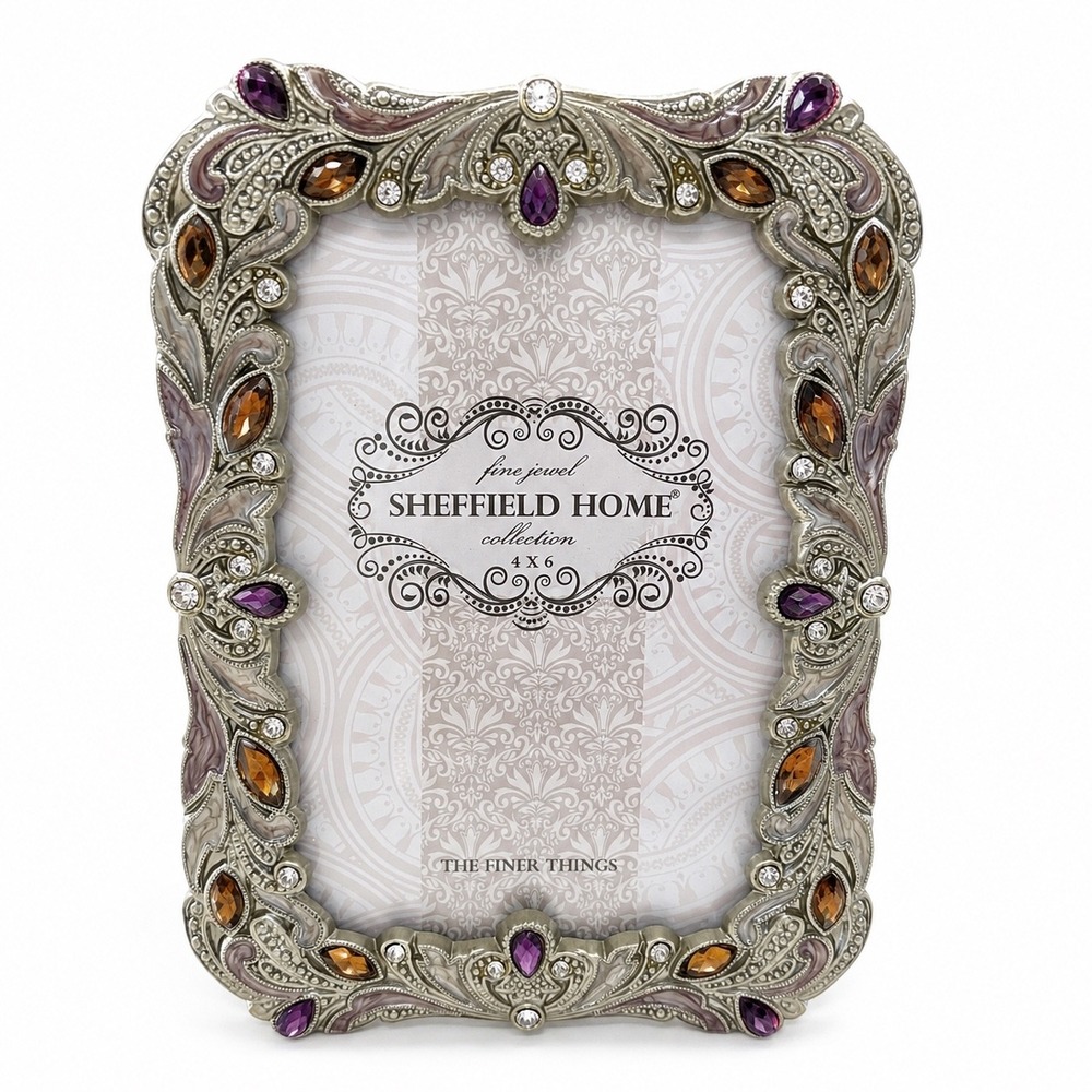 Sheffield Home Fine Jewel 4x6 Picture Frame Ornate Gemstone Enamel Pewter Tone